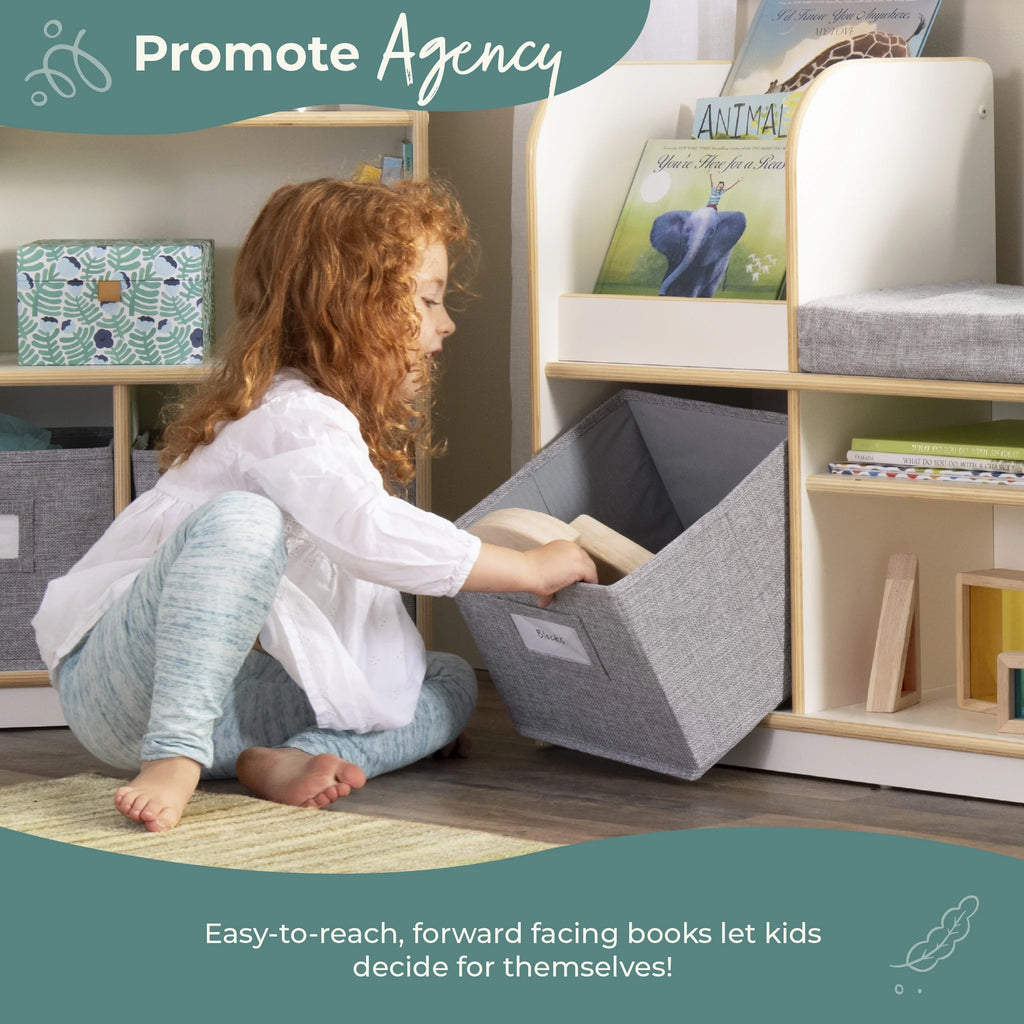 Guidecraft EdQ Reading Nook - Natural: Children's Wooden Bedroom Reading Bench, Kids' Bookshelf, Toy Cubby Organizer and Cube Storage