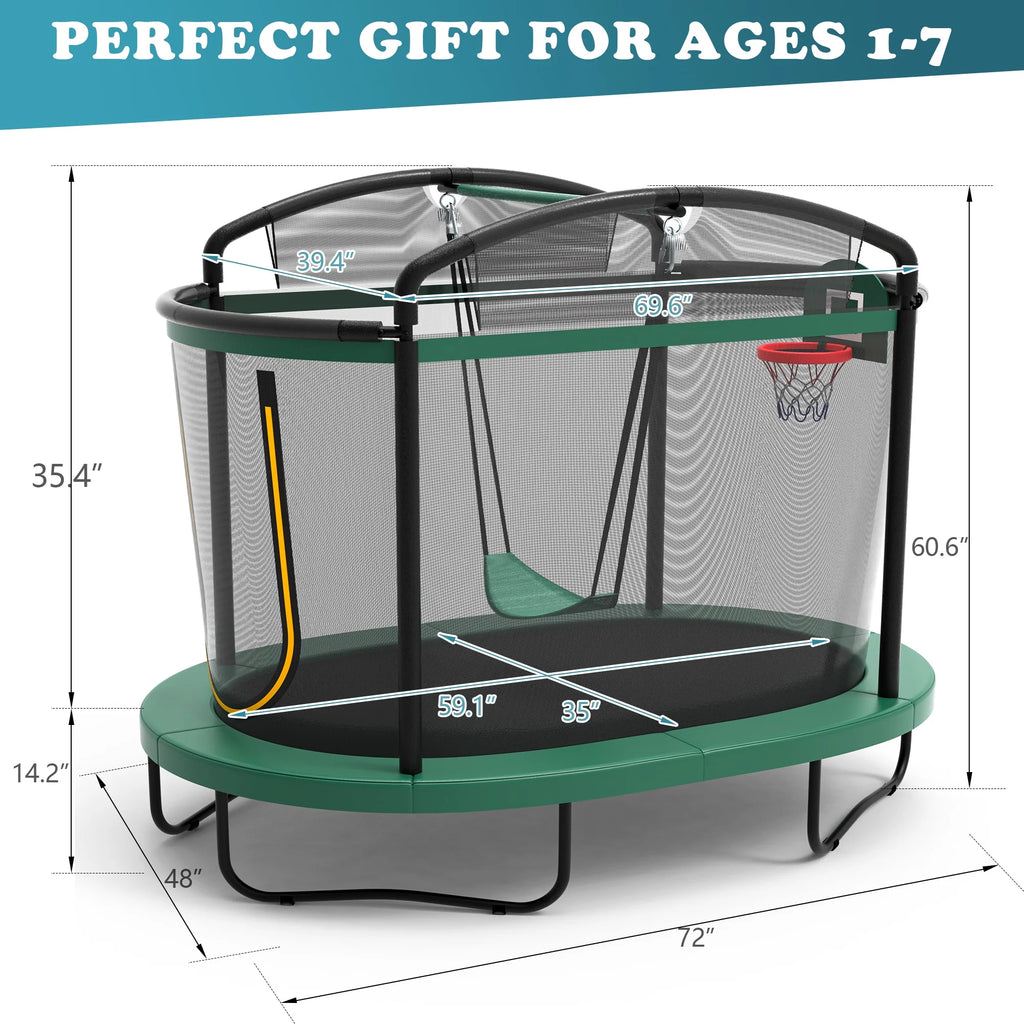 Seizeen 6FT Trampoline for Kids, 3-IN-1 Rectangular Outdoor/Indoor Trampoline with Enclosure, Basketball Hoop, Swing