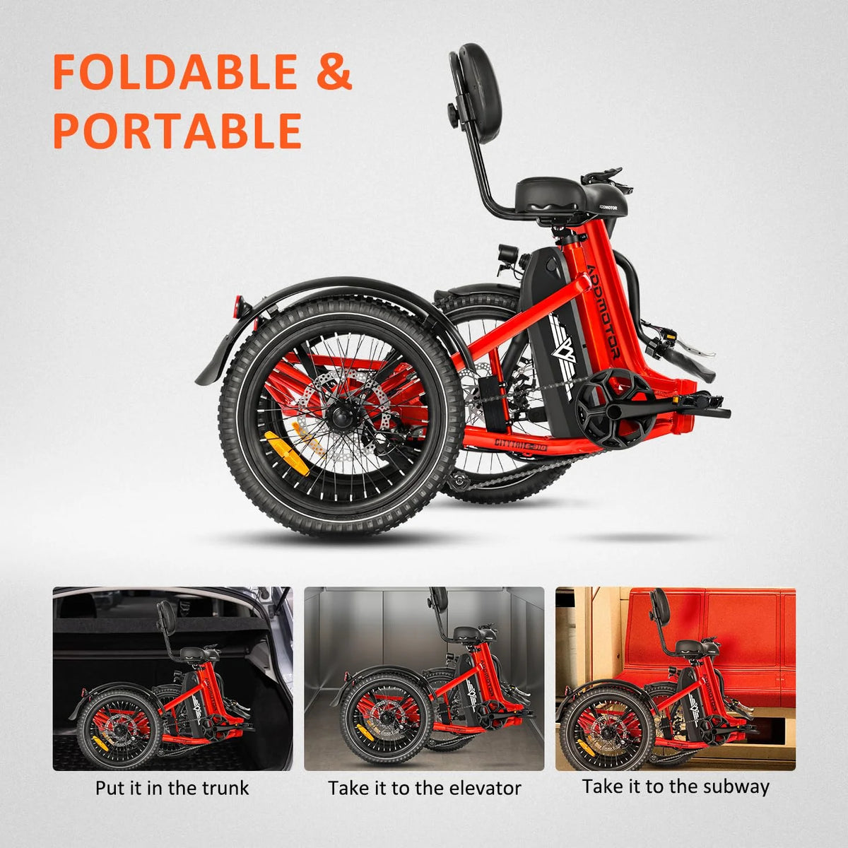 Addmotor Folding Electric Trike, 90MI Electric Tricycle for Adults, 750W 48V 20Ah, CITYTRI 3 Wheel Electric Bikes, Step-Thru Etrike with Rear Speed Differential & Parking Brake, E-310 Plus Red