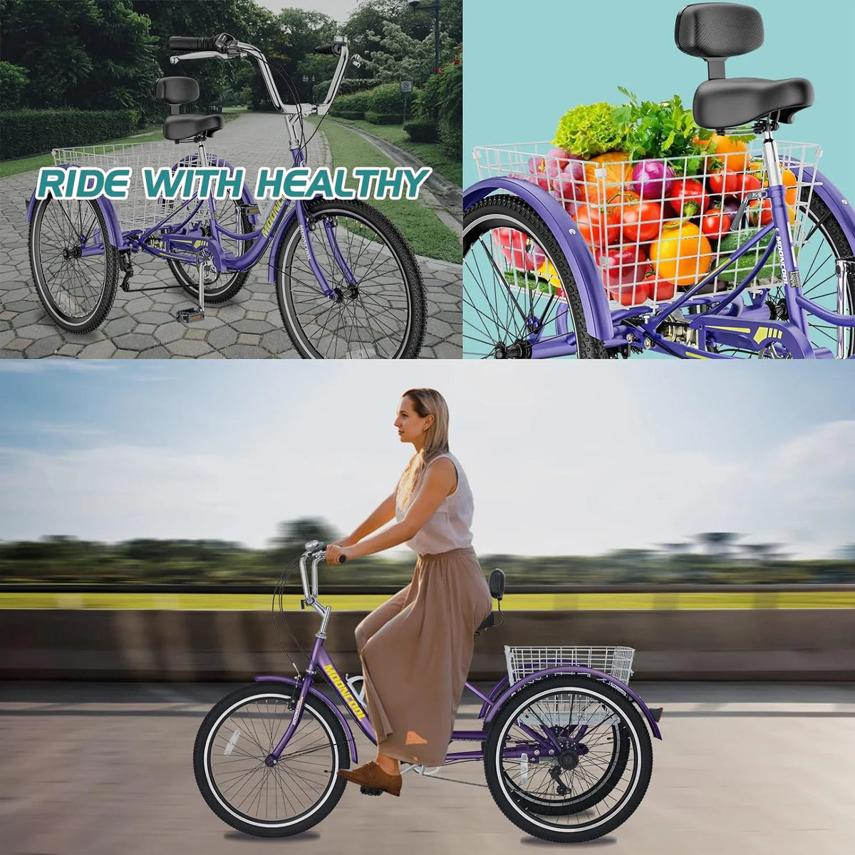 FICISOG 7 Speed Adult Tricycle for Women, 20/24/26 Inch Adult Trike with Basket, 3 Wheel Bikes for Adults Seniors, Cruise Trike for Shopping Picnic