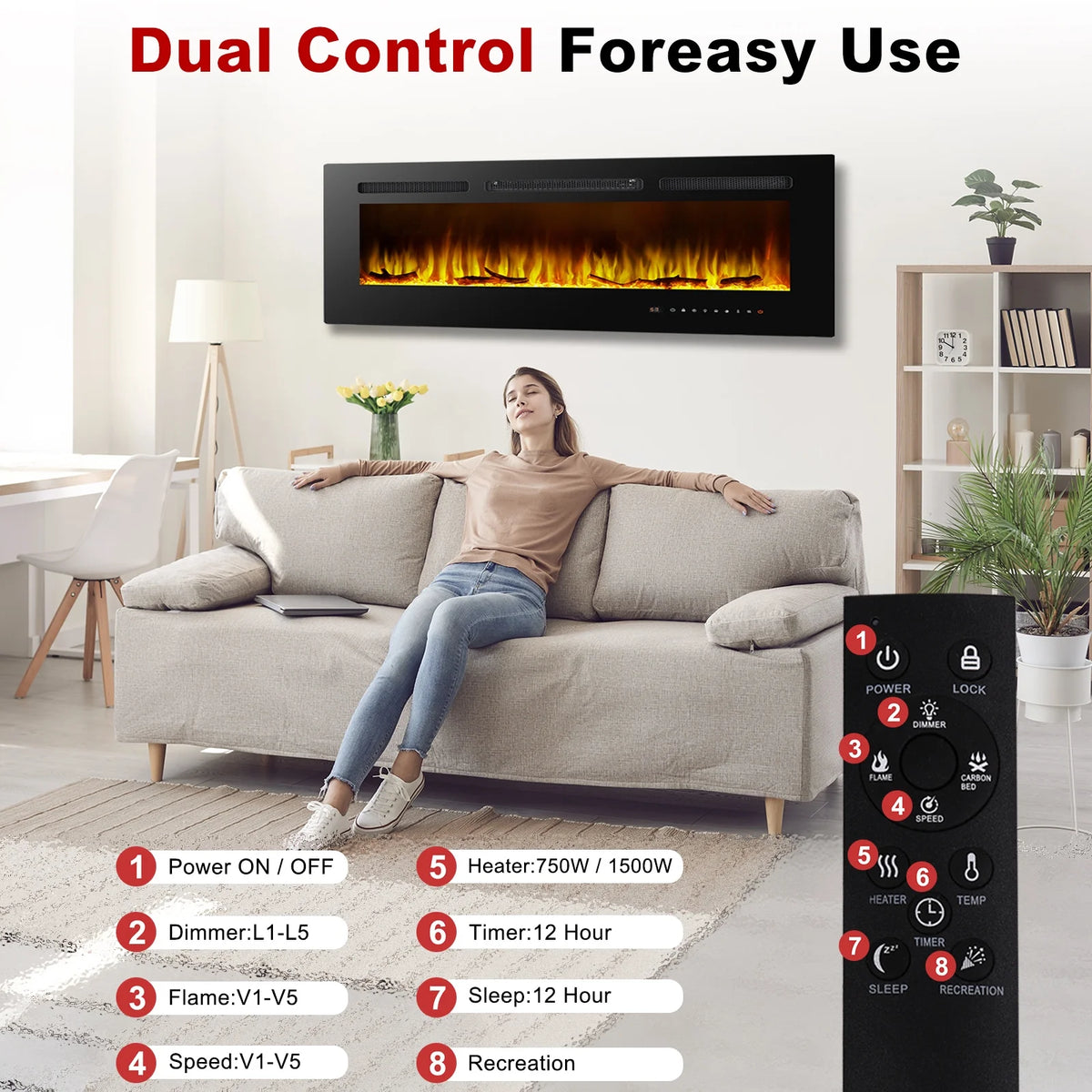 60" Electric Fireplace, Ultra-thin Recessed and Wall Mounted Fireplace, Linear Fireplace with Timer Remote Control Adjustable Flame Color 750w/1500w Black