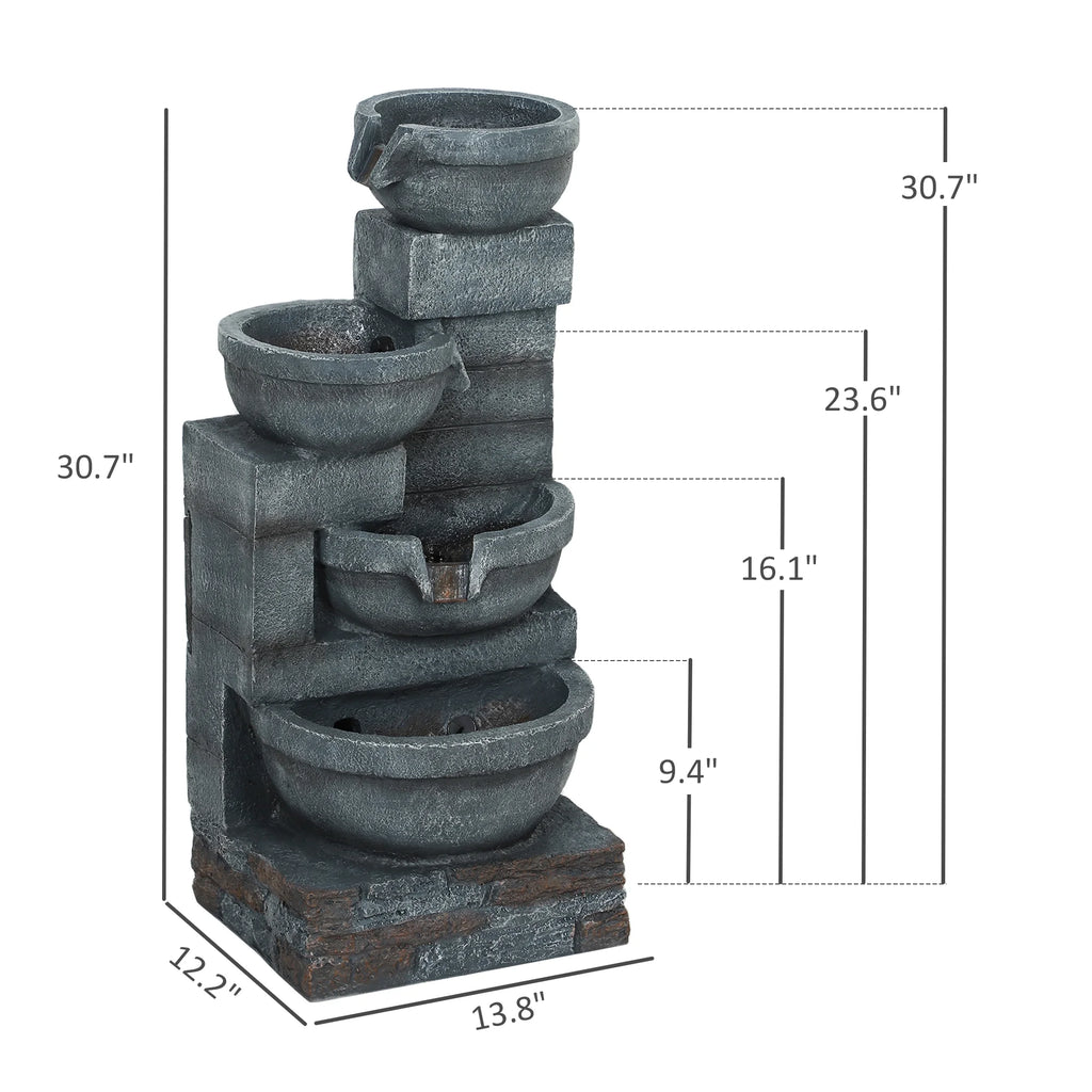 Outsunny 30" Outdoor Fountain with Lights, 4-Tier Resin Cascading Water Bowls Garden Fountain with Pump, Gray