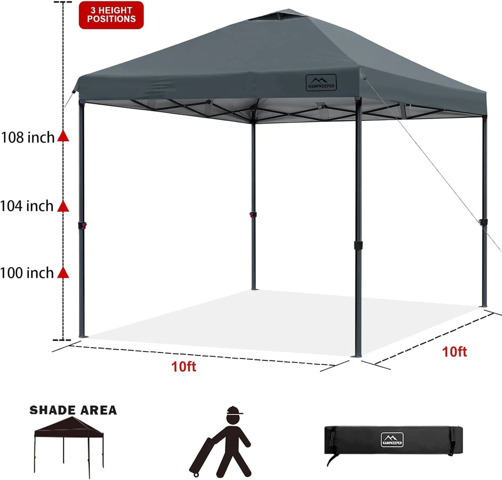 KAMPKEEPER One Person Setup 10x10 Pop up Canopy Tent, Instant Portable Canopy, One Push Outdoor Canopy with 3 Adjustable Heights, Wheeled Carry Bag, Bonus 8 Stakes and 4 Ropes(Dark Grey)