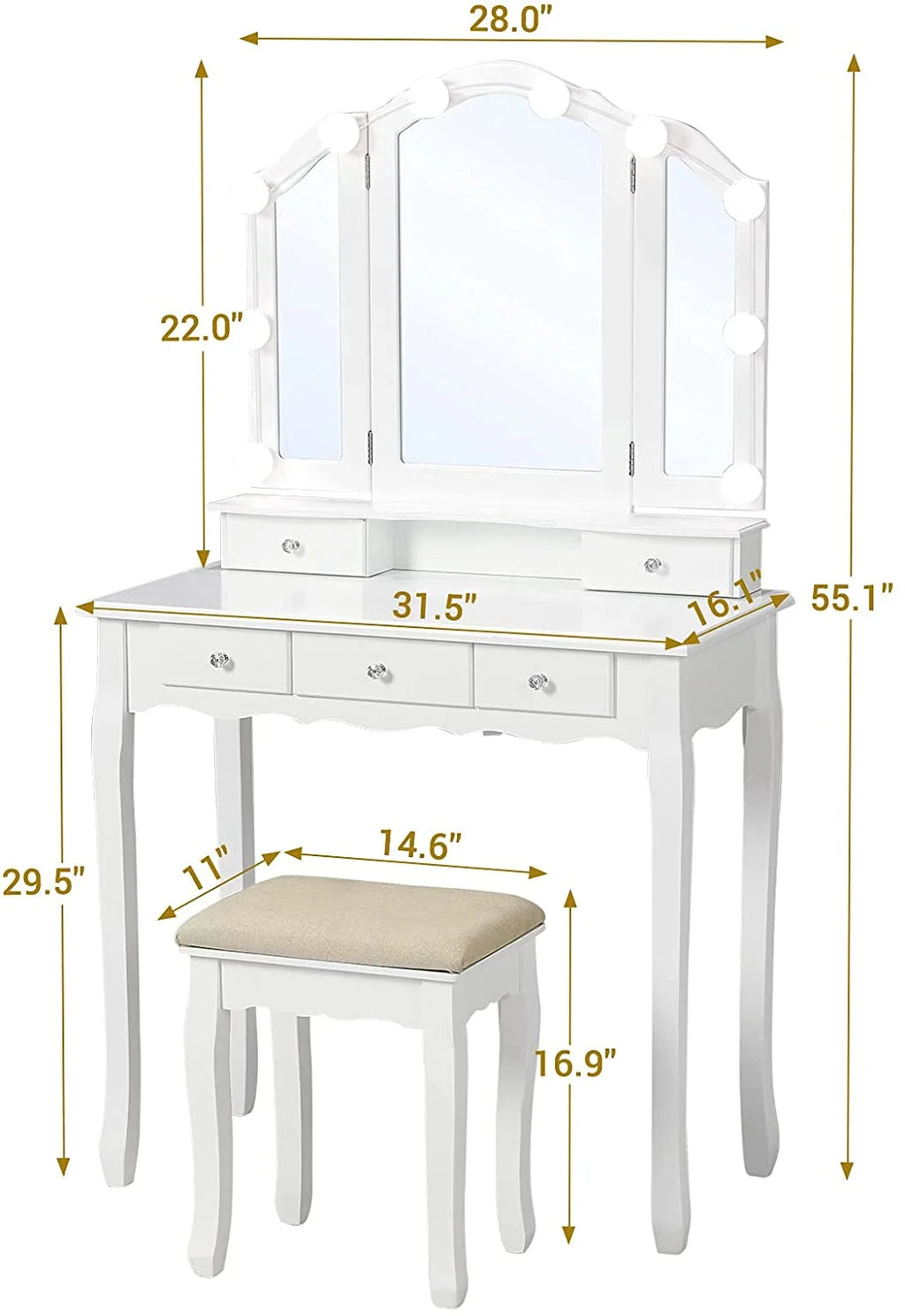 Afuhokles Vanity Table Set with Lighted Tri-Fold Mirror and Stool, Makeup Vanity Dressing Desk 5 Drawers, White