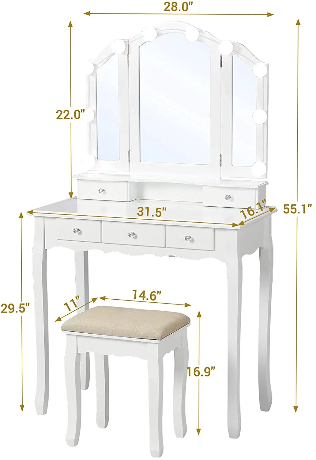 Afuhokles Vanity Table Set with Lighted Tri-Fold Mirror and Stool, Makeup Vanity Dressing Desk 5 Drawers, White