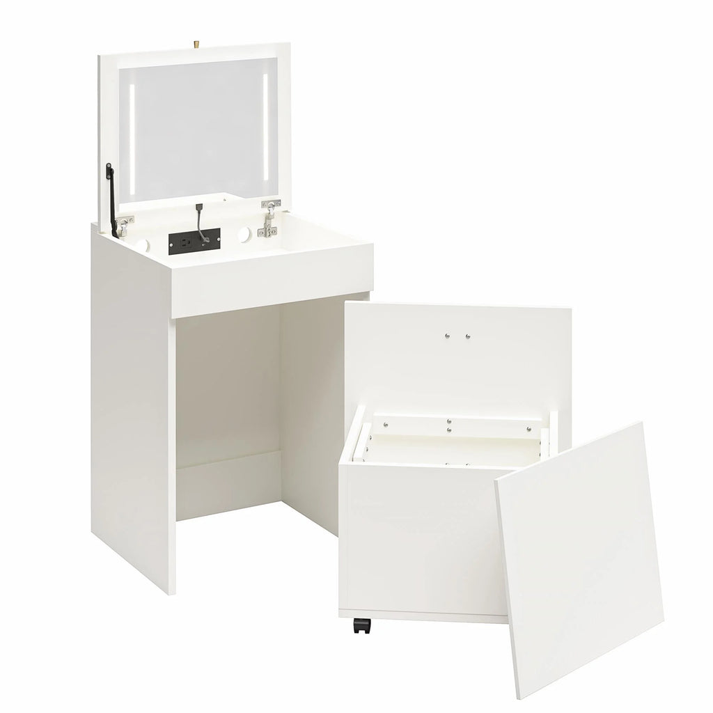 Ameriwood Home Compact 3-in-1 Vanity Set, Makeup Storage Desk & Stool, Mirror w/ LED lights & USB Charging Station, White
