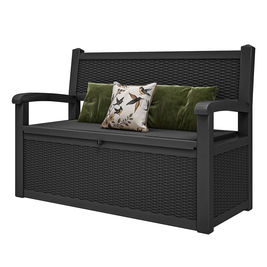 ModFusion 70-Gallon Outdoor Resin Storage Cabinet with Rattan Backrest Waterproof Patio Bench Seat, 500 lbs Capacity, Black