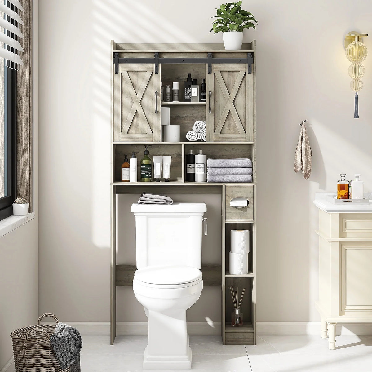 Over The Toilet Storage Cabinet, Farmhouse Storage Cabinet Over Toilet with Sliding Doors Home Space-Saving Toilet Rack, for Bathroom, Restroom, Laundry
