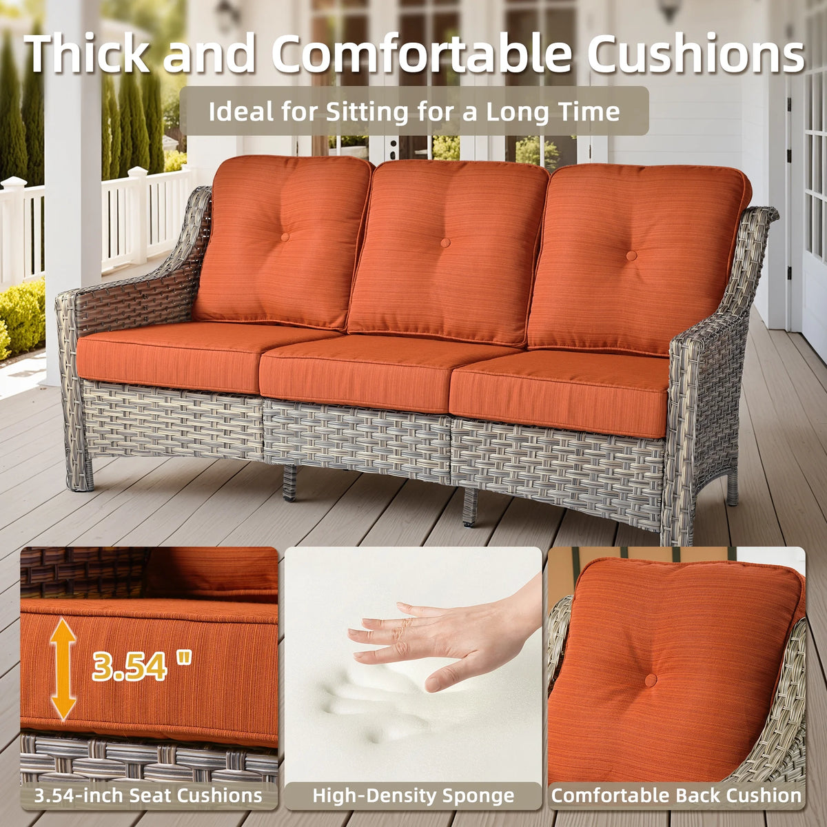 Ovios Outdoor Patio Sofa 3-Seater with Cushions All-Weather Wicker Rattan Couch for Garden, Porch, or Backyard