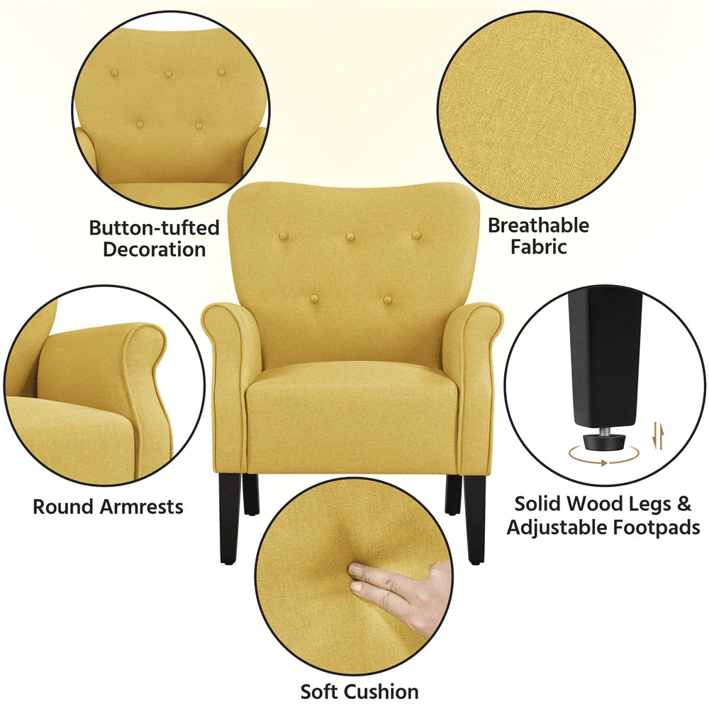 SMILE MART Mid-century Upholstered Fabric Accent Armchair for Living Room with Wooden Leg, Yellow