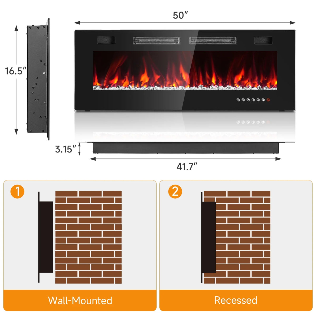 Dovov 50" Wall Mounted Electric Fireplace, Recessed Mirrored Fireplace Heater 750/1500W Ultra Thin Linear Fireplace with Remote Control, Touch Screen, Timer, 2 Heat Fans, Multicolor Flame