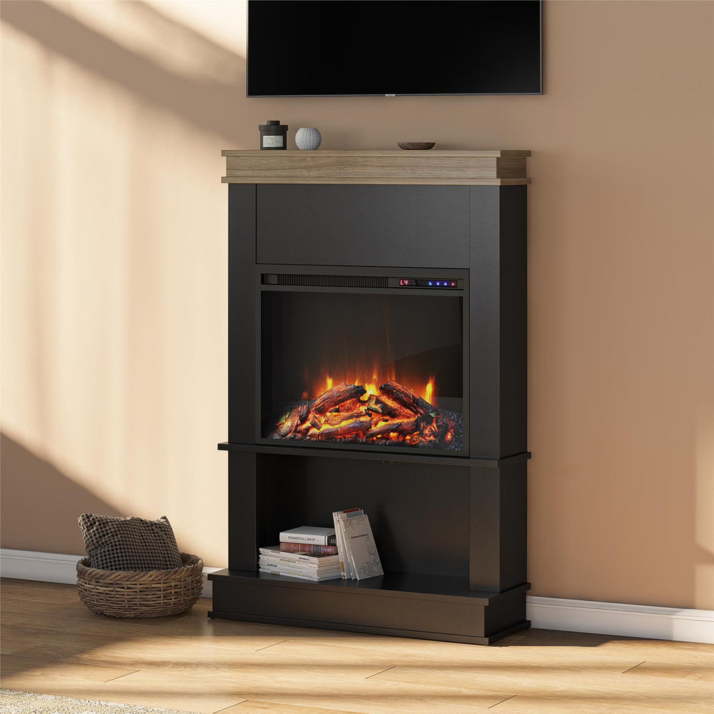 Mateo Electric Fireplace with Mantel and Open Shelf, Black with Natural