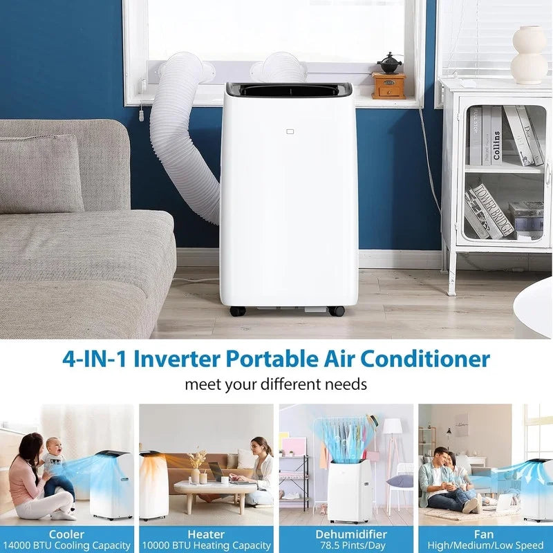 Portable Air Conditioners, 14000 BTU Air Conditioner for Rooms Up to 750 Sq.Ft, AC Unit with Heat, Sleep Mode, Dehumidifier, Fan, Remote Control, 24H Timer, Easy Setup for Bedrooms, Black Top