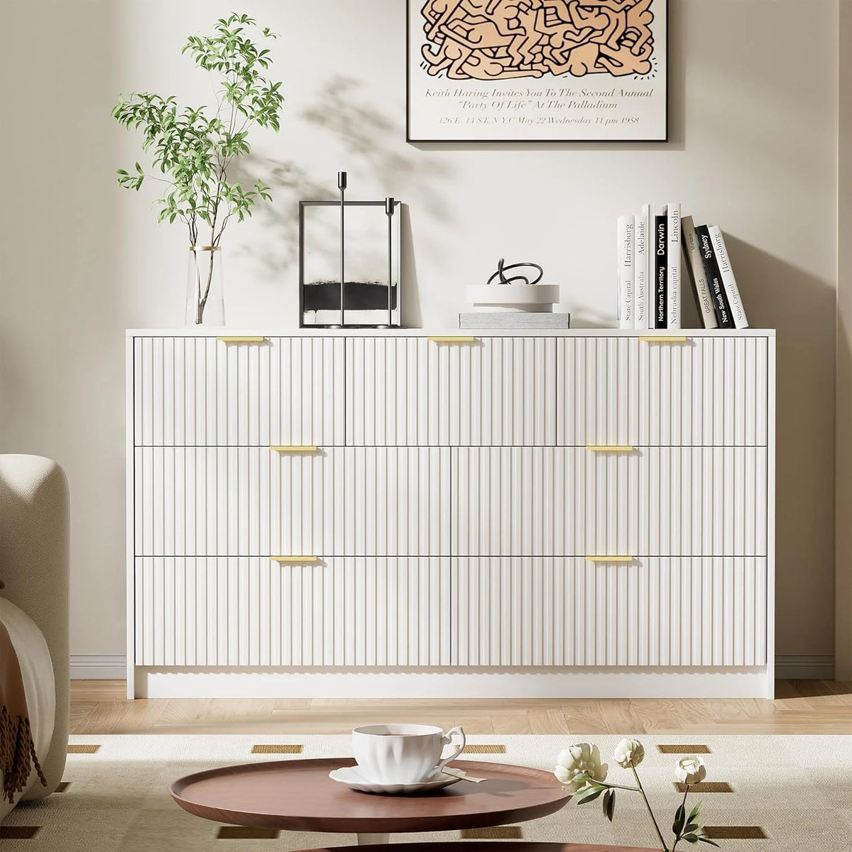 Furniway Black Dresser for Bedroom, 8 Drawer Double Dresser, Modern Chest of Drawers for Bedroom, Living Room, Entryway and Closet, 55" L x 15.7" D x 37.4" H