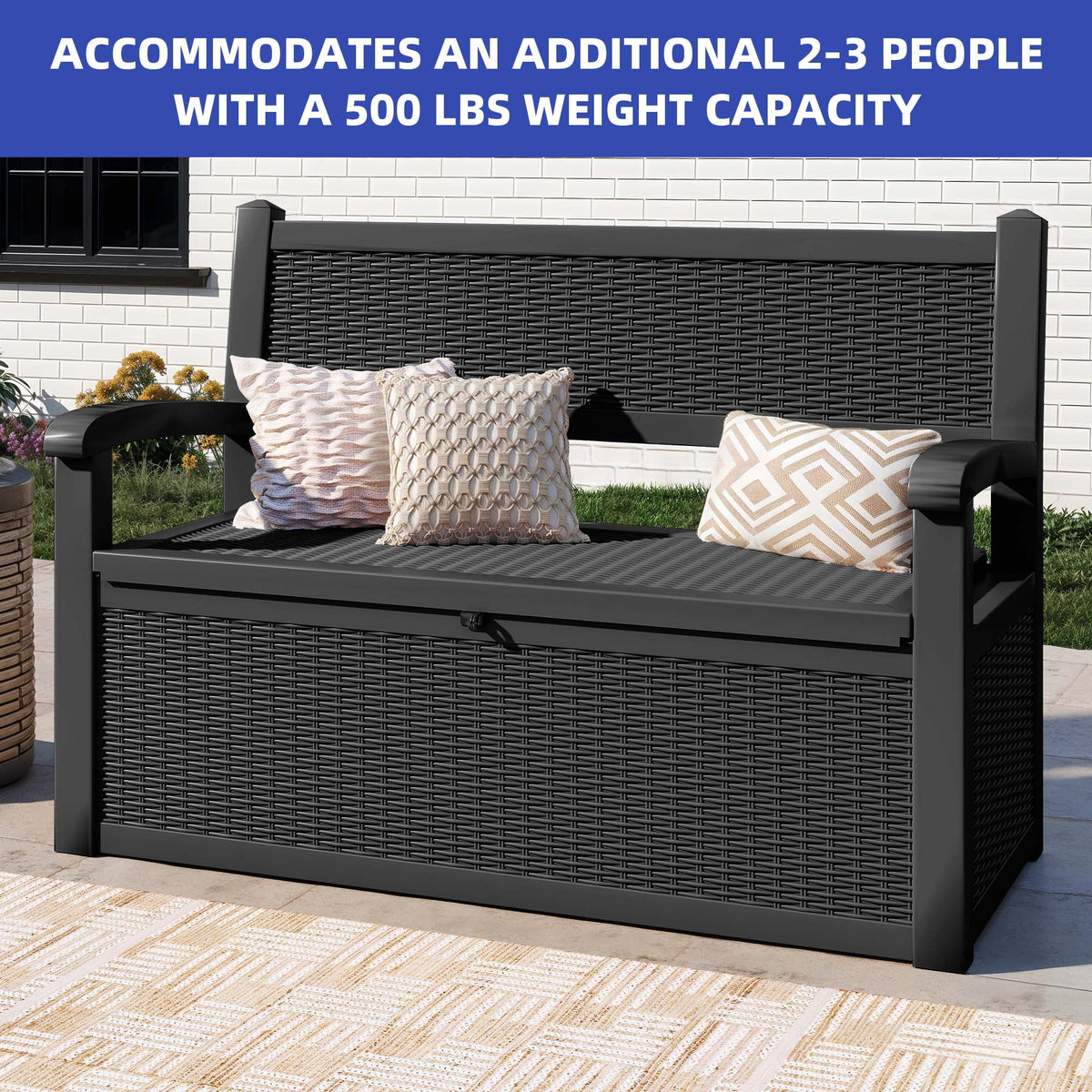 ModFusion 70-Gallon Outdoor Resin Storage Cabinet with Rattan Backrest Waterproof Patio Bench Seat, 500 lbs Capacity, Black