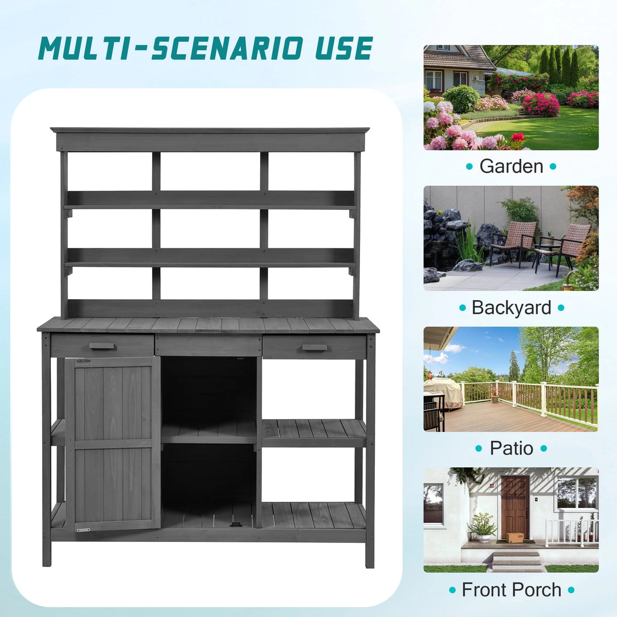 YIYADO 66" Large Outdoor Wooden Planter Workbench, Farmhouse Style Garden Workstation with 2 Drawers, Cabinets, and Open Shelves, Suitable for Backyards and Mudrooms, Gray