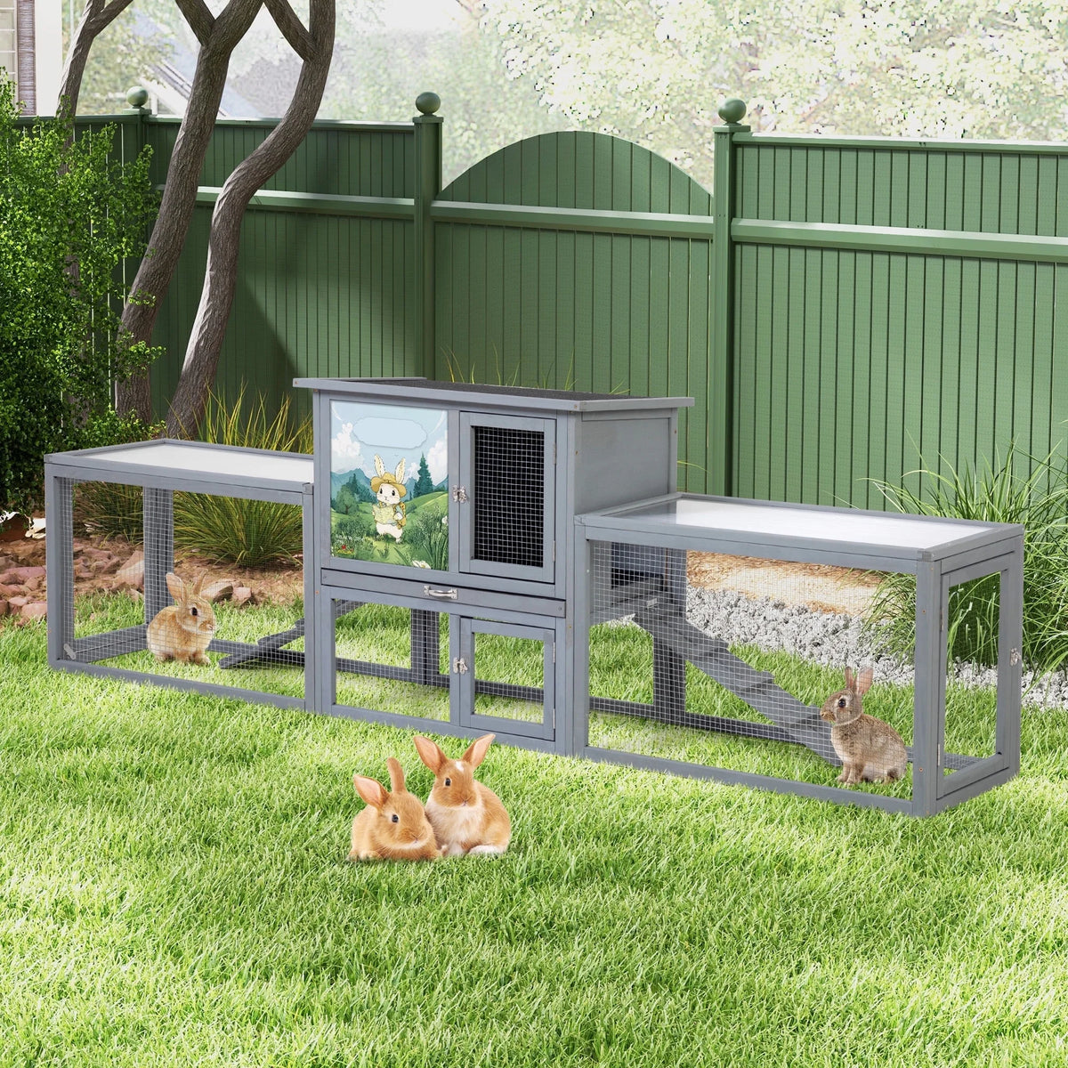 COZIWOW 94'' Wooden Large Rabbit Hutch with Pull Guinea Pig House Chincken Coop Gray