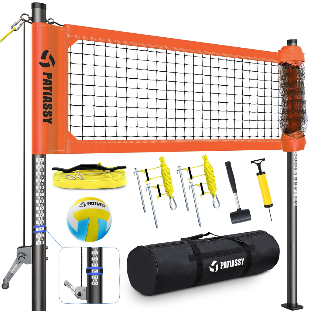Patiassy Portable Professional Outdoor Volleyball Net Set for Backyard Beach with Adjustable Height Aluminum Poles, Winch System, Volleyball with Pump