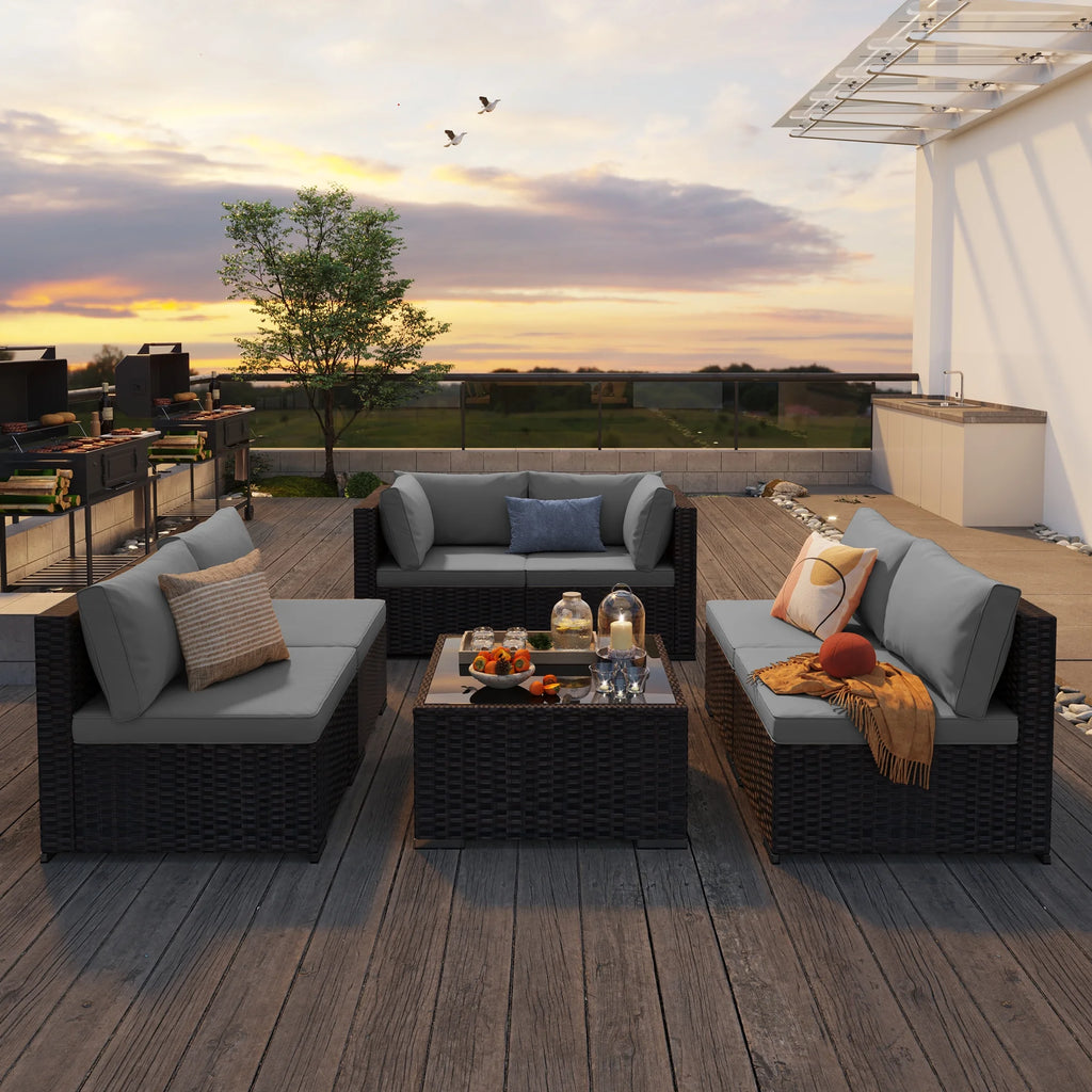 Patio Furniture Set, Lofka 7 Piece Outdoor Sectional Furniture Chair Set with Cushions and Coffee Table, Gray