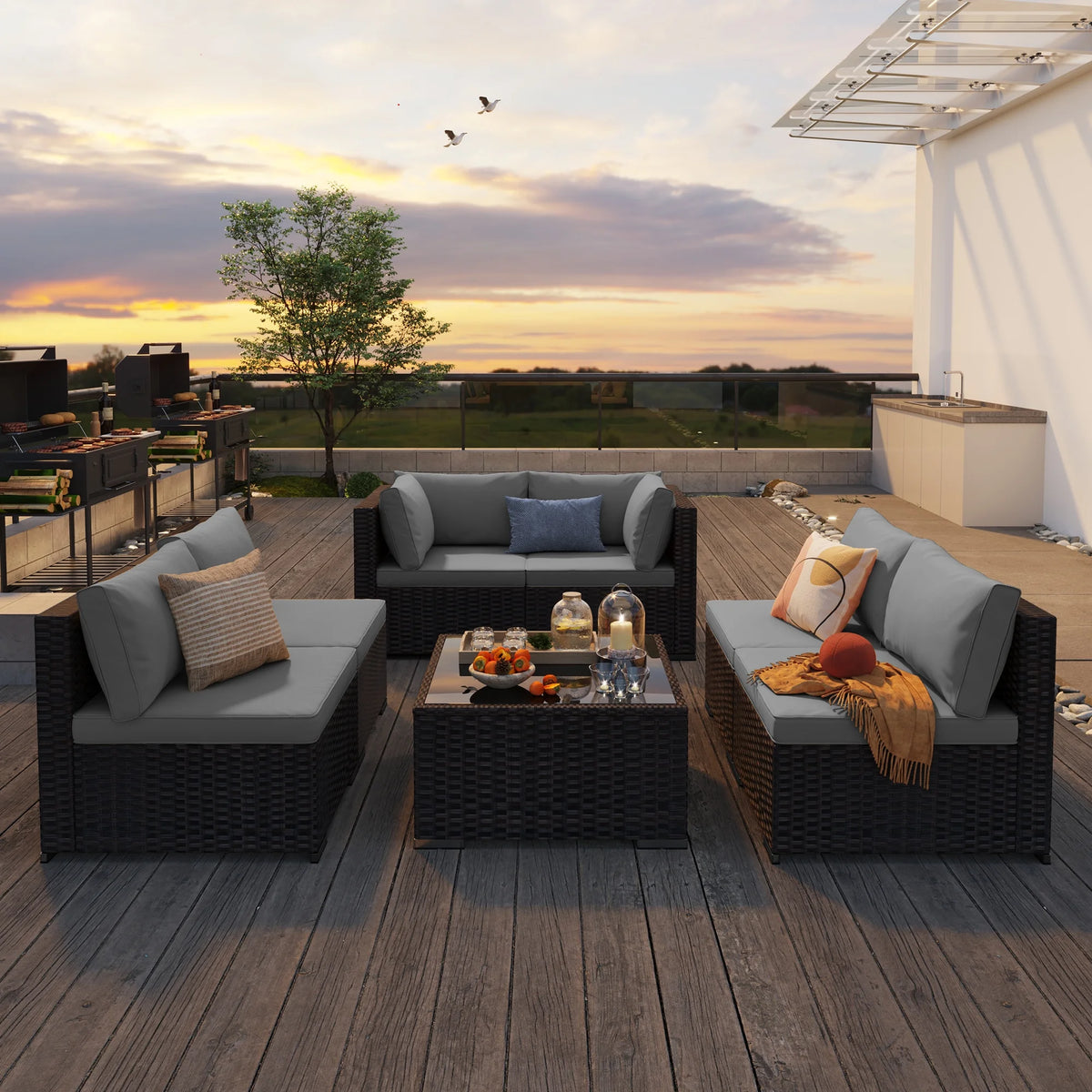 Patio Furniture Set, Lofka 7 Piece Outdoor Sectional Furniture Chair Set with Cushions and Coffee Table, Gray