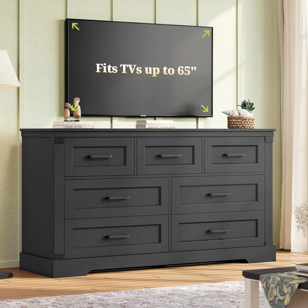 Aunfebrco Black Dresser for Bedroom Farmhouse 7 Drawers Dresser & Chest of Drawers with Thick Styling, Large Clothing Storage Organizer for Living Room
