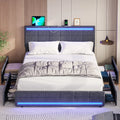 Full Size Bed Frame with 4 Storage Drawers, Platform Bed Frame with 2 USB Ports, Upholstered Bed with LED Headboard Footboard, Square Stitched Button Tufted Design, Dark Grey