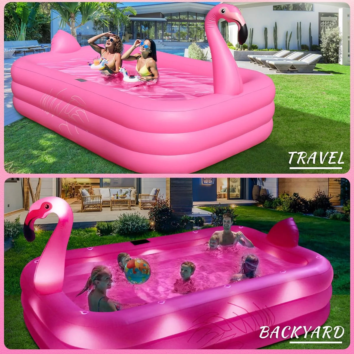 Inflatable Pool with Lights,  Solar Flamingo Swimming Pool for Kids,Adults Inflatable Blow up Pool, Large Kiddie Pool, Durable Thickened Inflatable Family Pool for Backyard,Outdoor,105"x65"x25"