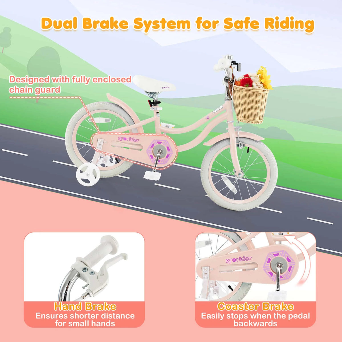 Prorider 16" Kid’s Bike with Training Wheels Adjustable Handlebar Seat Handbrake Pink