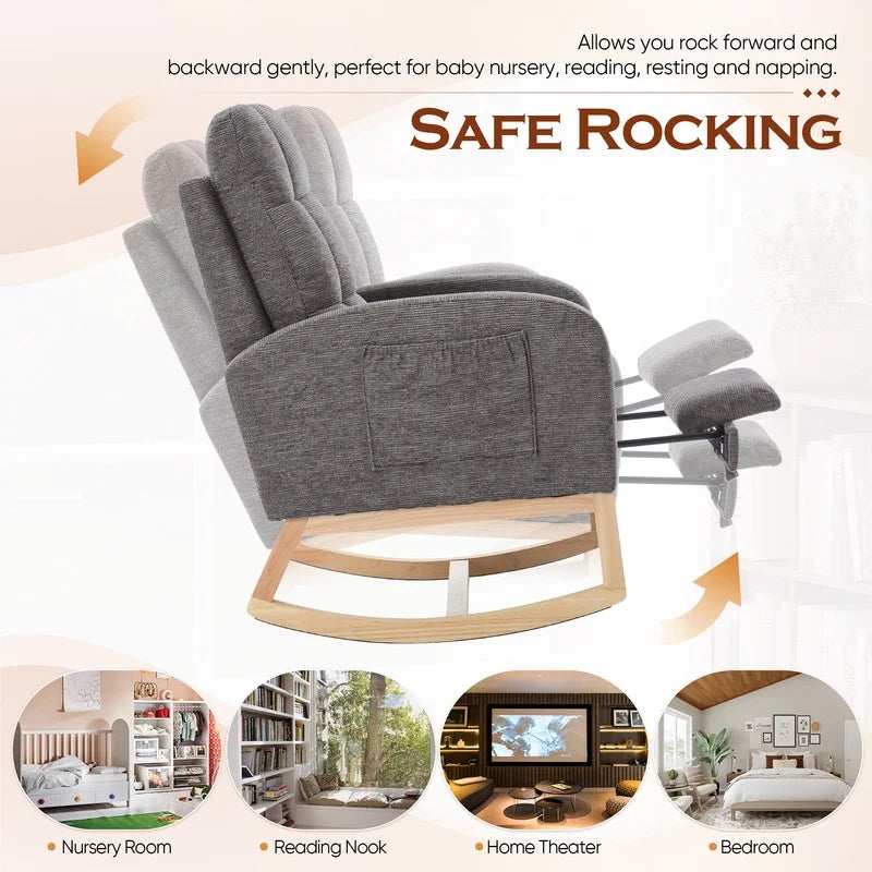 FFH Rocking Chair Nursery, Tufted Accent Rocker Chair, Upholstered Armchair with Adjustable Footrest, Side Pocket, High Backrest, Padded Seat, Polyester Blend (Retro, Dark Gray)