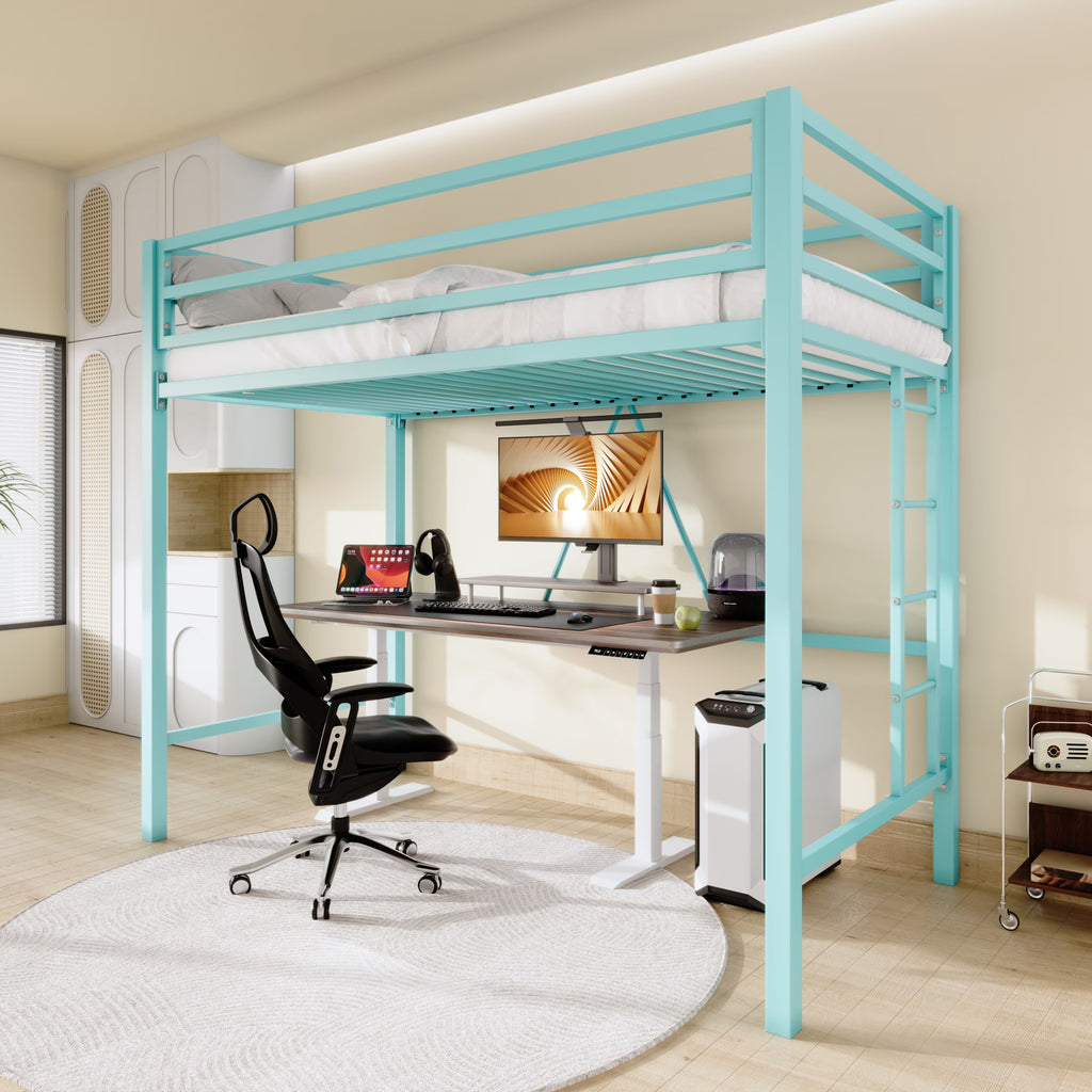 Sifurni Black Heavy Duty Twin Size Metal Loft Bed with Full-Length Guardrail & Removable Stairs