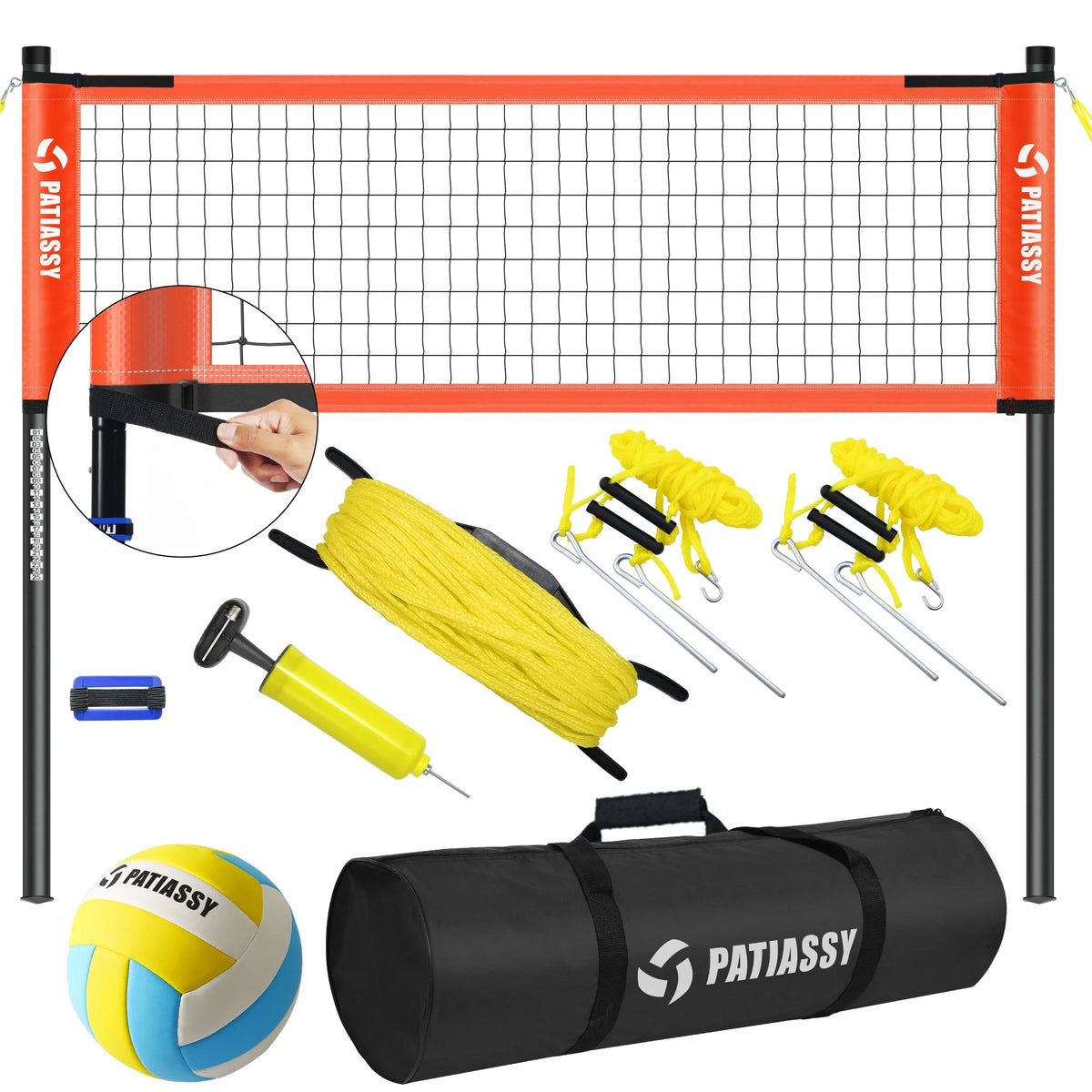 Patiassy Outdoor Portable Volleyball Net Set System for Backyard - Quick & Easy Setup Adjustable Height Steel Poles, PU Volleyball, Pump and Carrying Bag