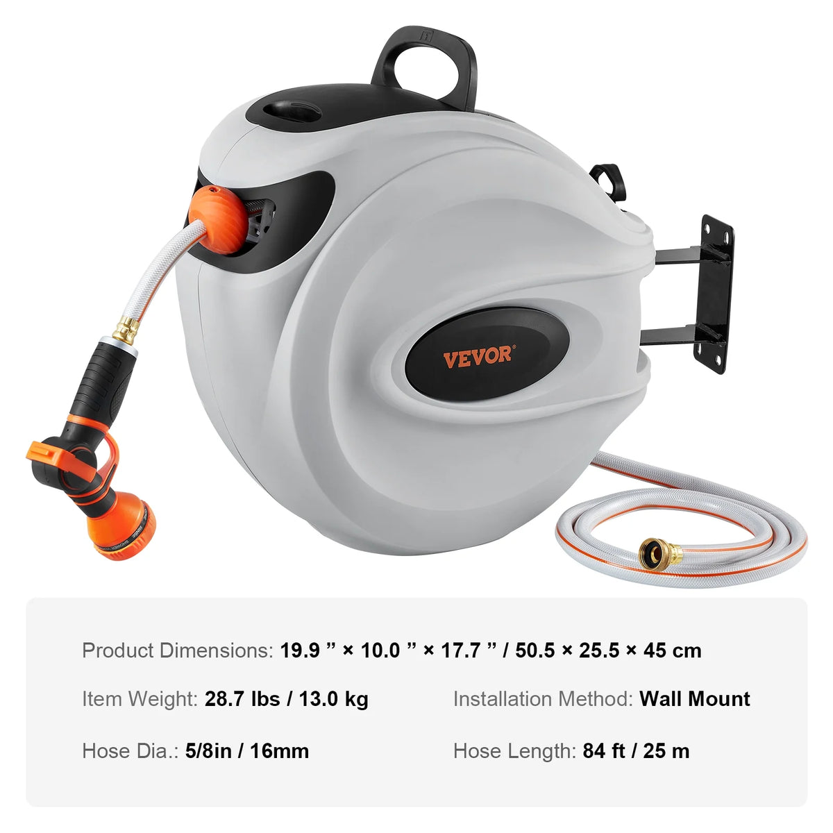 VEVOR Retractable Hose Reel, 84 ft x 5/8 inch, 180 Swivel Bracket Wall-Mounted, Garden Water Hose Reel with 9-Pattern Nozzle, Automatic Rewind, Lock at Any Length, and Slow Return System