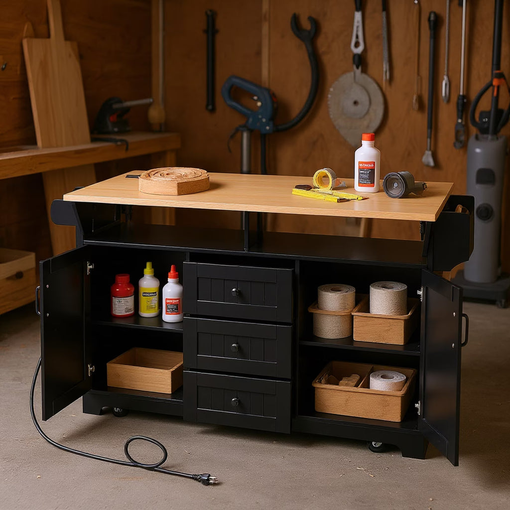 Homy Casa Rolling Large Garage Storage Cabinet with Dual Drop Leaves, Power Outlets for Office Gym, School