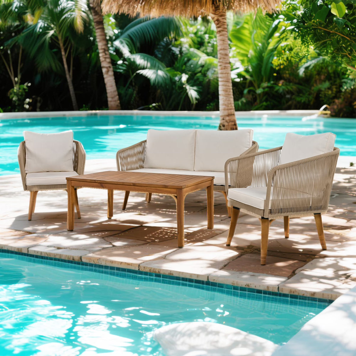YIYADO 4-piece outdoor sofa set with rattan design, leisure table and chairs with cushions, outdoor sun protection, balcony sofa chair, beige