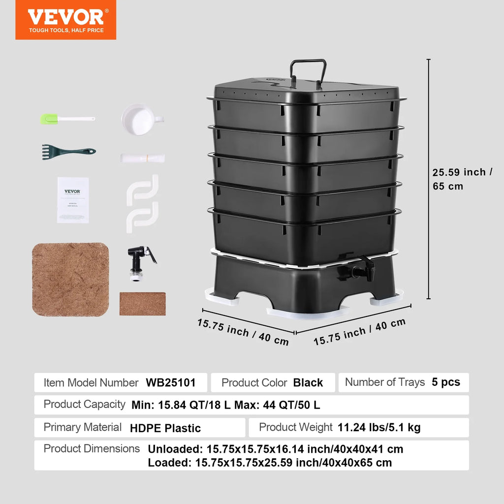 VEVOR 5-Tray Worm Composter, 50 L Worm Compost Bin Outdoor and Indoor, Sustainable Design Worm Farm Kit, for Recycling Food Waste, Worm Castings, Worm Tea, Vermiculture and Vermicomposting