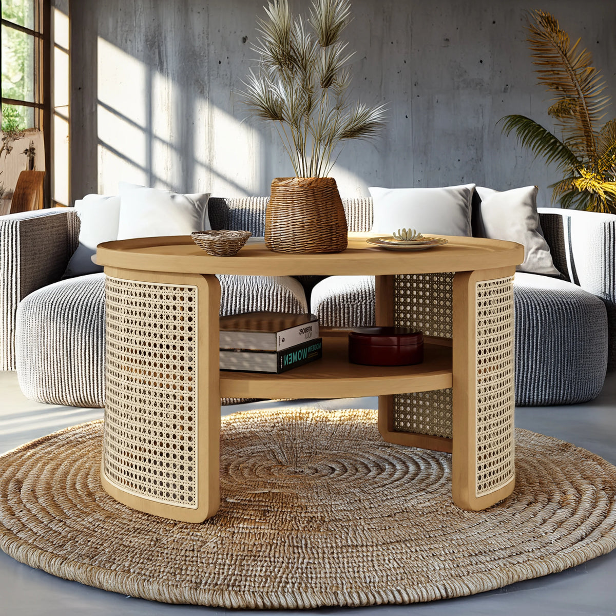 Harper & Bright Designs Rattan Round Coffee Table with Storage Shelf, Round Cane Wood Center Table for Living Room, 37'' Brown