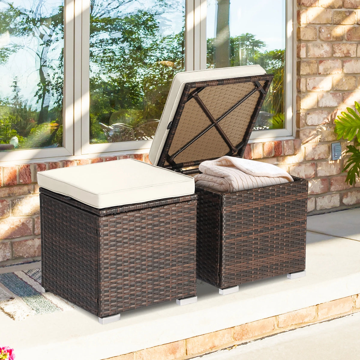 Costway 2PC Patio Rattan Ottoman Seat Side Table Storage Box Footrest Off White