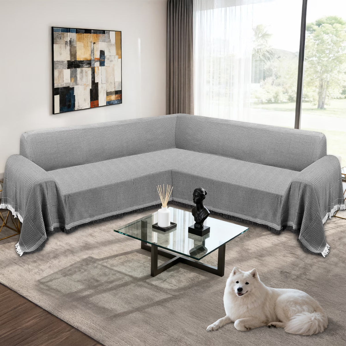 HDCAXKJ Washable L Shape Sofa Covers Reversible Sectional Couch Covers Corner Sofa Slipcovers Blankets Sofa Cover for Living Room Home Decor,91"x252",Gray