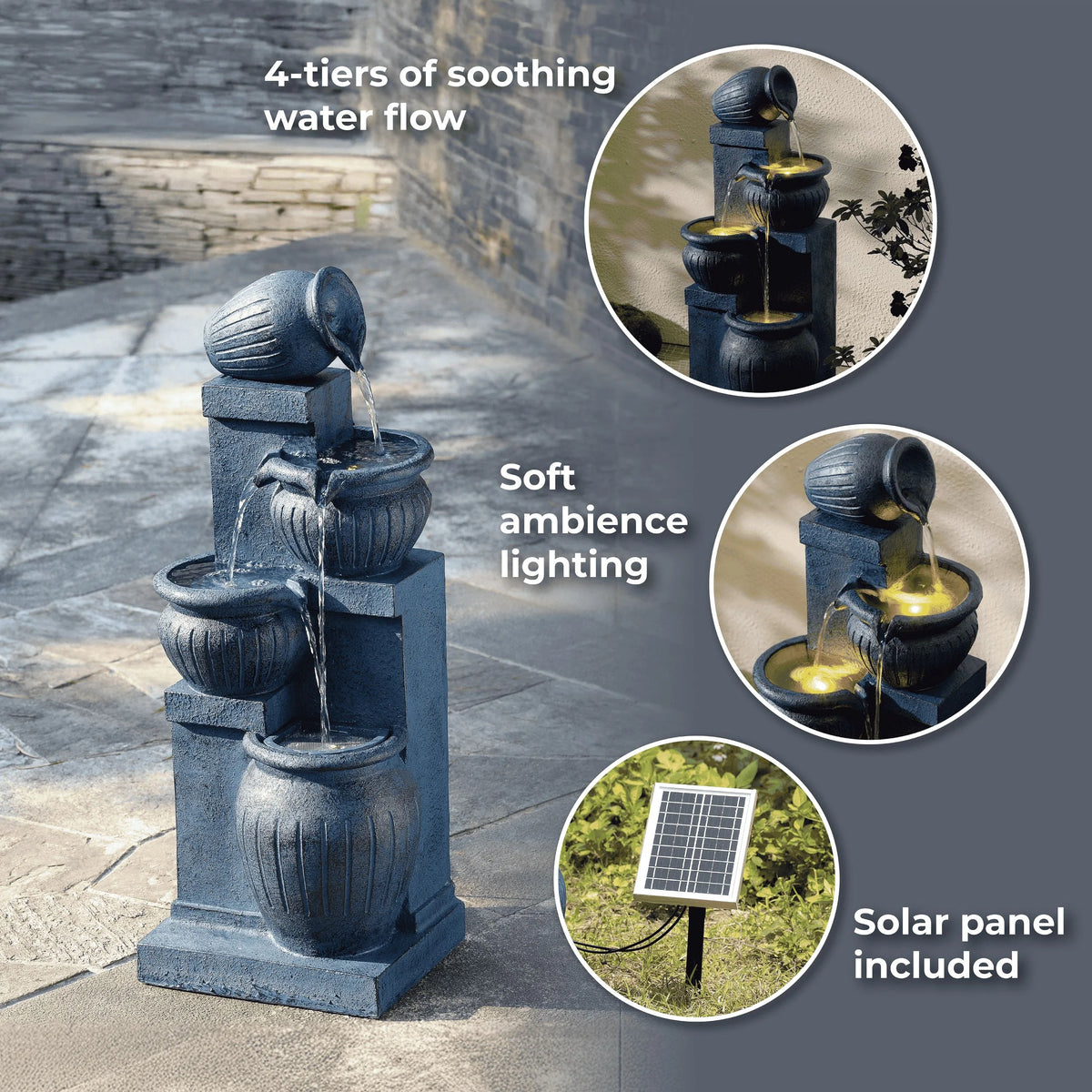 Teamson Home Outdoor Water Fountain with Lights 4-Tier Cascading Bowl Design with LED Light & Solar Pump, Solar-Powered Water Fountain Outdoor Garden, Yard, or Patio Dcor, Navy Blue