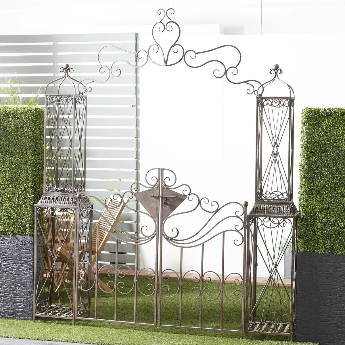 DecMode Traditional Metal Arch with Botanical Design Garden Arbors with Latch Lock Closure, 78"W x 94"H