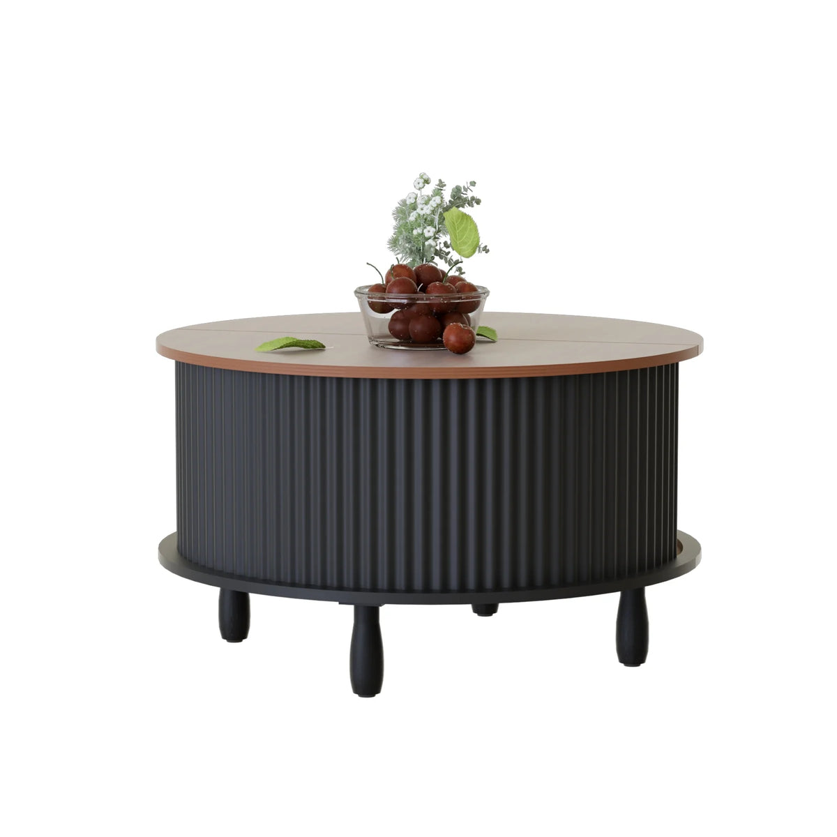 RUMLIVE Round Coffee Table with Storage, 30.7" Modern Coffee Table with 360 Curved Sliding Door, Fluted Wood Coffee Table with Footpads, Round Center Table for Living Room, Black