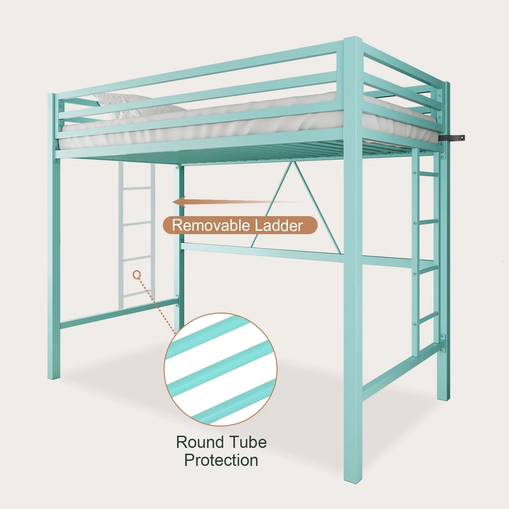 Amolife Twin Size Heavy Duty Metal Loft Bed with Removable Ladder & Full-Length Guardrail, Black