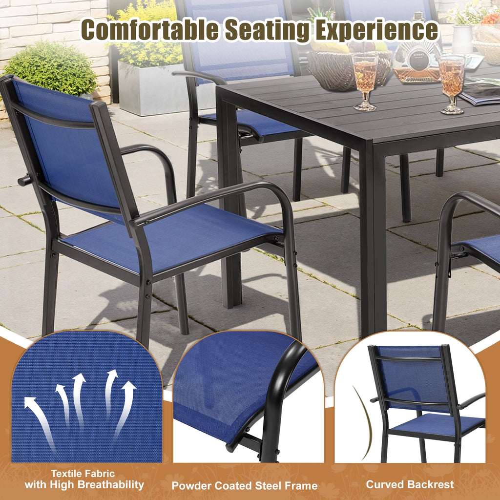 7 Piece Outdoor Dining Set, Patio Dining Table Set for 6 Persons, Garden Patio Textilene Dining Furniture Set with Plastic-Wood Tabletop, Dining Table Chairs Conversation Set for Deck Patio