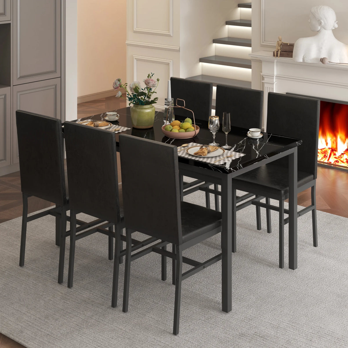 Dining Table with 6 High-back Upholstered Chairs, Modern Dinette Set, Dining Table and Chairs Set for 6 Persons, Small Home Kitchen Dining Table Set, Ideal for Apartment Breakfast Nook Bar, B1470