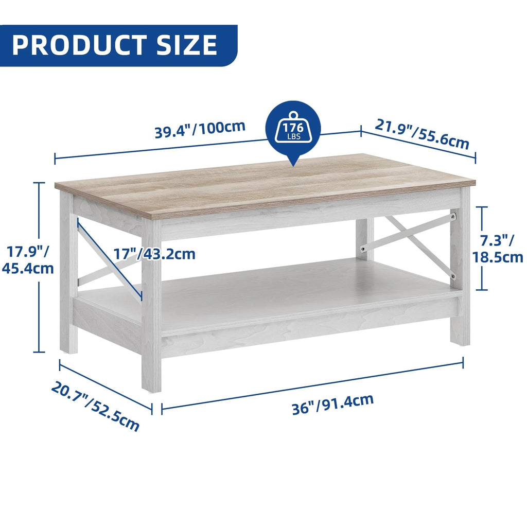 Moasis Farmhouse Coffee Table with Storage 2-Tier Center Table for Living Room Grey Wash Top+White