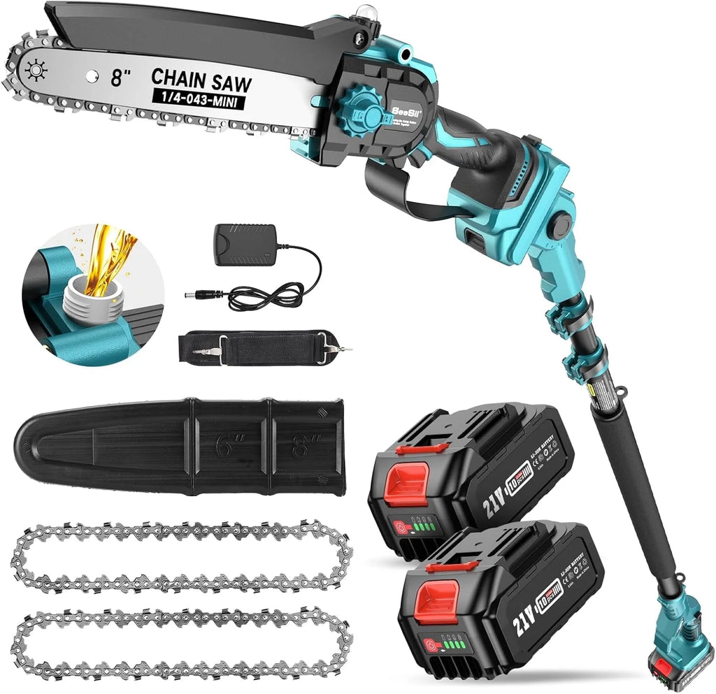 Seesii 2-in-1 Cordless Pole Saw, 8 Inch Brushless Pole Chainsaws Mini Handheld Chainsaw with 2Pcs 21V Batteries, 2x Chains, Auto Oiler, 16FT MAX Extension Pole Saws for Tree Trimming