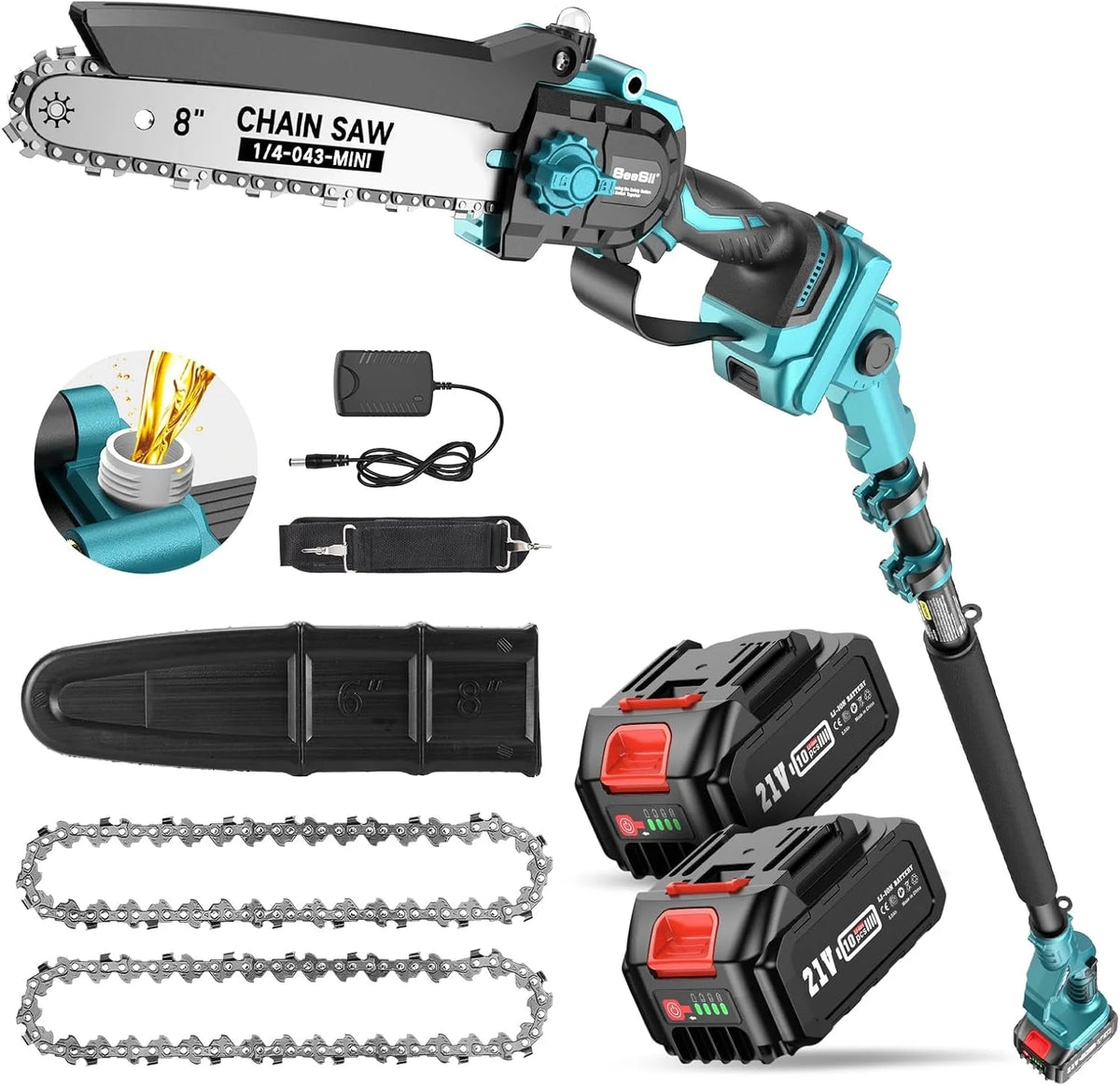 Seesii 2-in-1 Cordless Pole Saw, 8 Inch Brushless Pole Chainsaws Mini Handheld Chainsaw with 2Pcs 21V Batteries, 2x Chains, Auto Oiler, 16FT MAX Extension Pole Saws for Tree Trimming