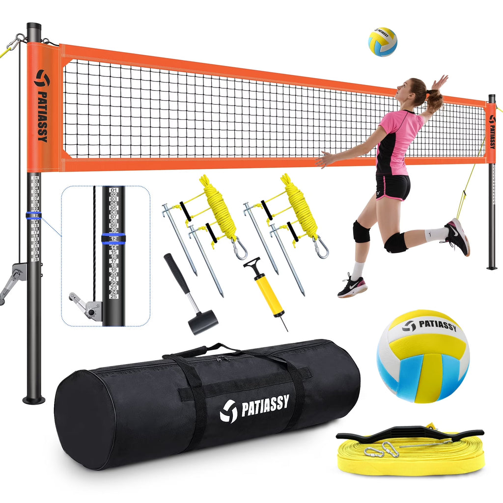Patiassy Portable Professional Outdoor Volleyball Net Set for Backyard Beach with Adjustable Height Aluminum Poles, Winch System, Volleyball with Pump