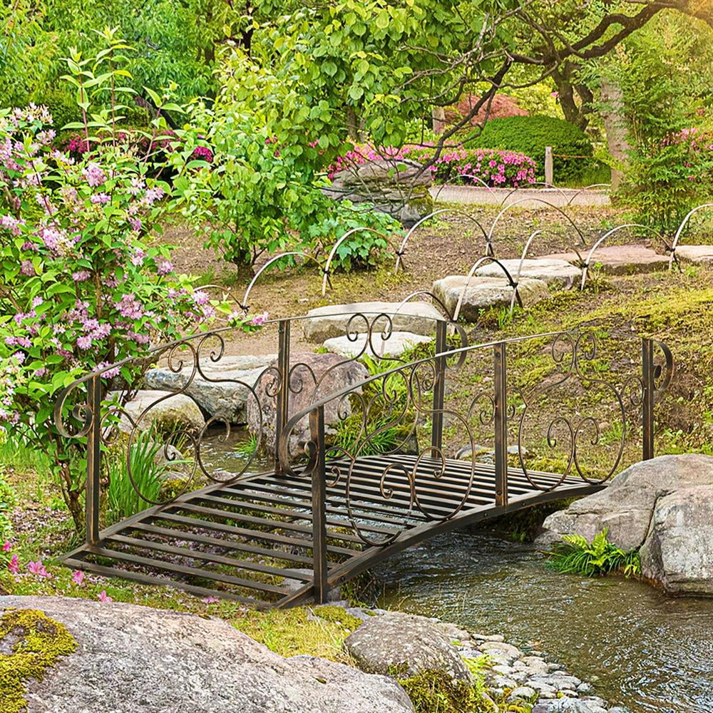 Resenkos Garden Bridge, Garden Ornament Bridge,Metal Arch Backyard Garden Bridge, Safety Siderails, Arc Footbridge, Bronze