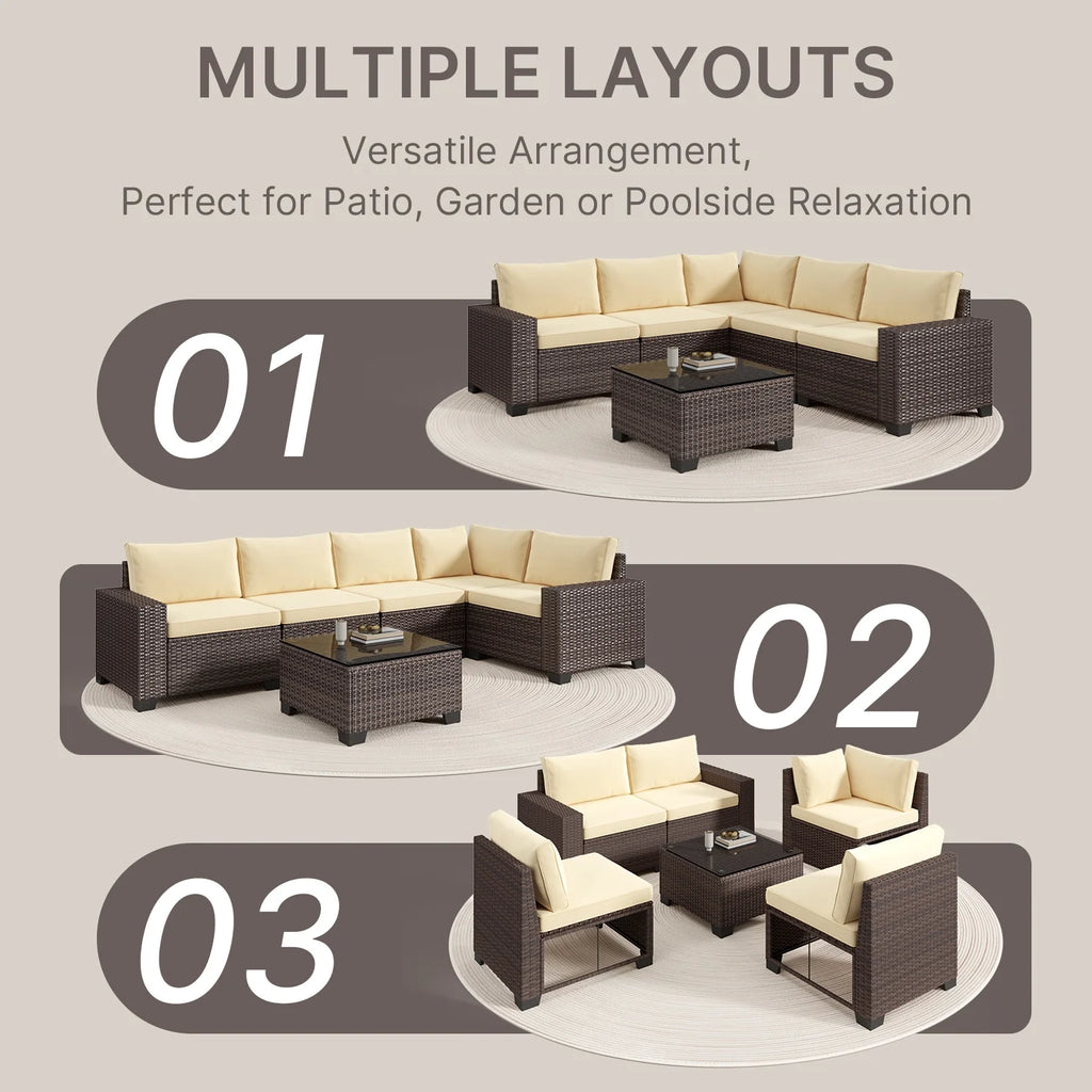 7 Piece Outdoor Patio Furniture Set, Asofer Rattan Wicker Outdoor Conversation Sectional Sofa Set, Gray